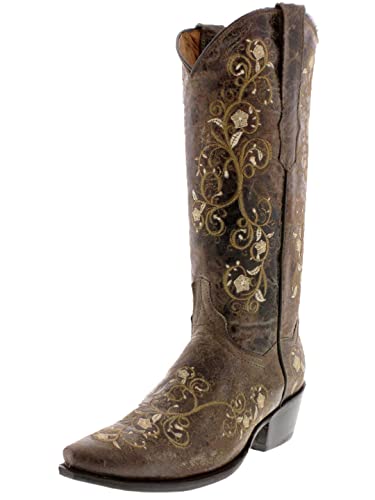Womens Mesina Brown Western Leather Cowboy Boots Floral Snip Toe