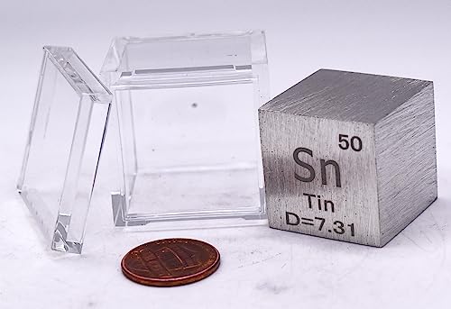 Image of 1 inch 25.4mm Tin Stannum Metal Cube Sn up to 99.9% Pure Periodic Table Element Engraved Density Collection Science Education Display Block Cube + Acrylic Case Box - 1PC