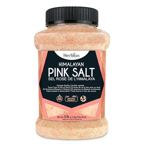 Herbion Naturals Himalayan Pink Salt - Fine Grain Supreme Quality - 5 lb. (2.2 Kg) Unbreakable Jar - Kosher Certified - GMO-Free - Chemical-Free – Vegan