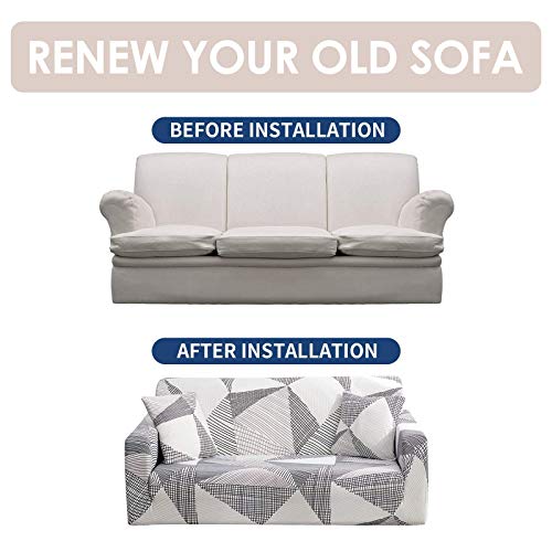 Hotniu Stretch Sofa Cover Printed Couch Covers Loveseat Slipcovers For 2 Cushion Couches Sofas Elastic Universal Furniture Protector With 1 Pillowcase (Medium, White Geometry) #TOP4