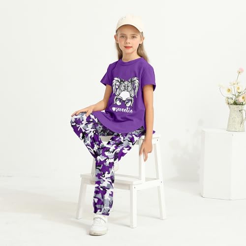 Image of Girls Outfits Short Sleeve Irregular Tops + Camouflage Long Legging Outfits 2PCs Summer Pant Sets 6-14T