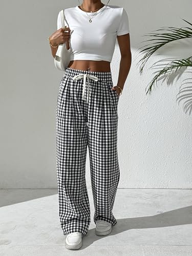 Women's Gingham Plaid Pants Summer Beach High Elastic Waist Wide Leg Palazzo Pants2