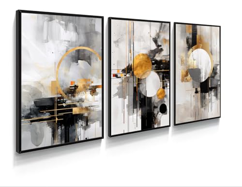 Kit 3 Quadros Circulos Dourados e Preto Cinza Moderno Decoração Casa Sala e Quarto (43x32cm, Preto)