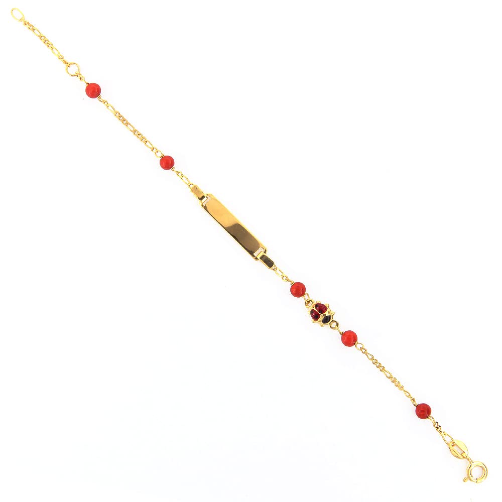 Bracciale Battesimo Bambina in Oro Giallo 9 Carati e Corallo con Targhetta e Coccinella