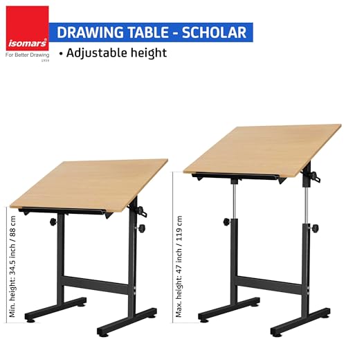 Image of Isomars Drawing & Drafting Table - Scholar - A1 (Full Imperial) Drafting Board Stand with Adjustable Height and Angles, Ideal for Architects, Engineers, Designers & Artists Students and Professionals
