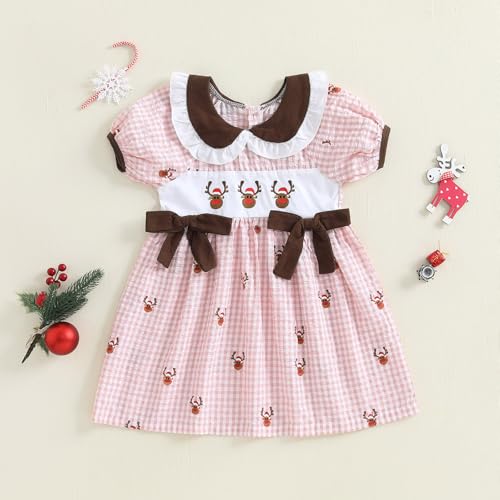 Kids Toddler Girl Christmas Outfit Smocked Dress Reindeer Puff Short Sleeve Elk Plaid Dresses Girls Xmas Clothes4