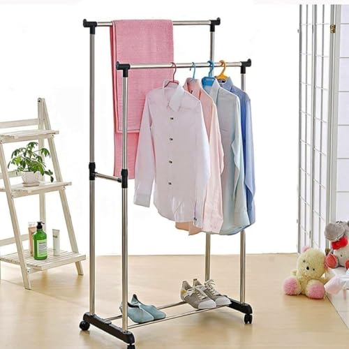 Image of Double Pole Telescopic Clothes &Shoe Rack Folding With 4 Wheels Stand Hanger Garment Drying Rack Multipurpose Portable Storage Laundry Fordable Single And Stand For Indoor Outdoor