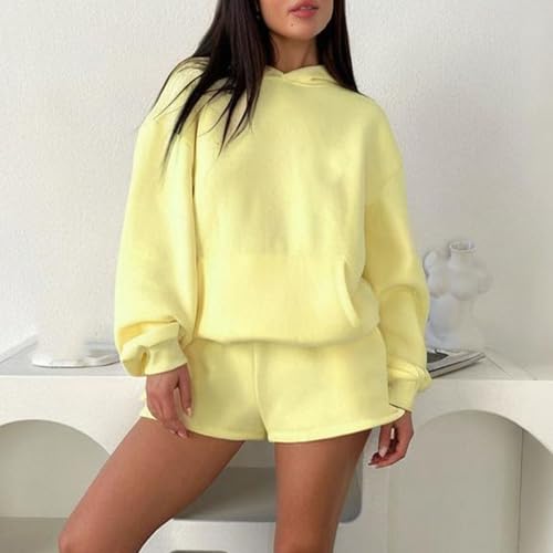Womens 2 Piece Sweatsuit Outfits Long Sleeve Hoodie Sweatshirt and Drawstring Shorts Solid Color Trendy Y2K Clothes2