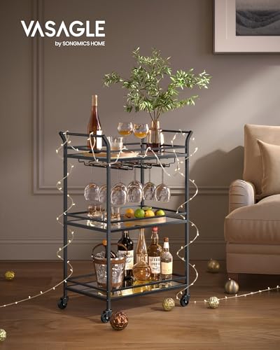 Image of VASAGLE Bar Cart Black, Small Home Bar Serving Cart with 3-Tier Mirrored Shelf, Wine Holders, Glass Holders, for Small Spaces, Kitchen, 15 x 23.6 x 36.2 Inches, Black ULRC100B01