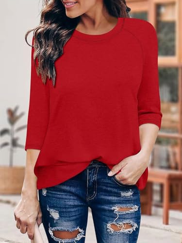 KISSMODA Tunic Tops for Women Loose Fit Dressy Round Neck Pleated 3/4 Length Sleeve Spring Tops