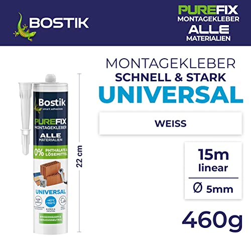 Bostik Purefix Montagekleber Universal, Zum Kleben, Dichten und Füllen, Für alle Materialien, Wasser- und UV-beständig, Phthalat- und lösemittelfrei, 460 g Kartusche, Weiß