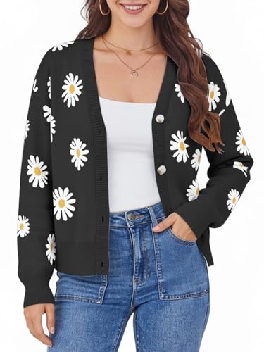 Cute Sweaters for Women V-Neck Long Sleeve Chunky Cardigan Loose Fit Button Up Sweater Coat Black...