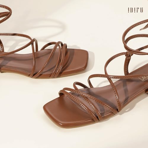 Image of IDIFU Strappy Lace Up Flat Sandals for Women Tie Up Square Open Toe Ankle Wrap Straps Dressy Gladiator Summer Beach Wedding Party Ladies Comfortable Cute Casual Dress Sandals