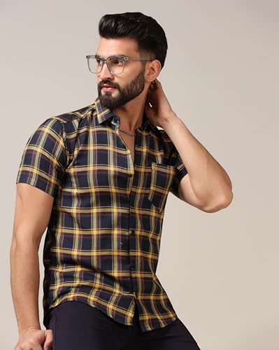 Image of TOPLOT Men's Regular Fit Casual Shirt Checks Design with Spread Collar & Half Sleeves