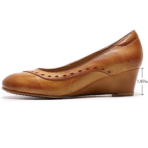 Mona flying Women's Leather Closed Toe 2 Inch Mid Wedges Heels with Arch Support Round Toe Comfortable Dress Pumps for Women Ladies2