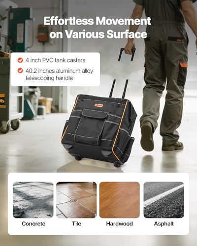 Image of VEVOR 15 inch Rolling Tool Bag, 110 lbs Load Capacity, 25 Pockets Heavy Duty Roller Tool Bag on Wheels, Adjustable Telescoping Handle & Stable Base, Toolbag Organizers w /Wheels for Construction, Mechanic