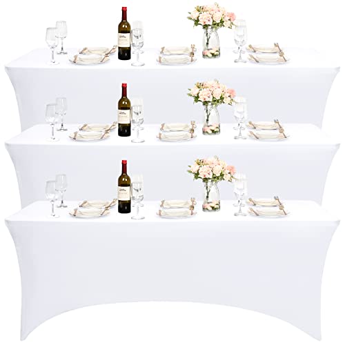3fundas de Mesa de Spandex,6pies, rectangulares, Ajustadas, Antiarrugas y elásticas, Mantel de Aspecto Elegante, mantelpara Varias Ocasiones, Fiestas en Interiores y Exteriores (Blanco) Cover