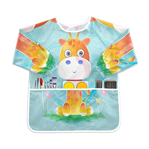 赤ちゃんキリンブルーハート幼児の子供のエプロン防水絵画アーティストのよだれかけのスモック、年齢1-6のための子供の芸術のスモック
