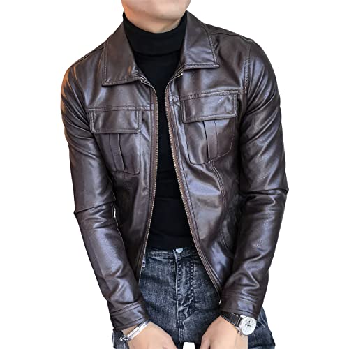 Men’s Coffee Brown Genuine Sheepskin Leather Café Racer Retro Biker with Shirt Collar YKK Zip Closure Slim Fit Casual Moto Rider Outerwear Jacket