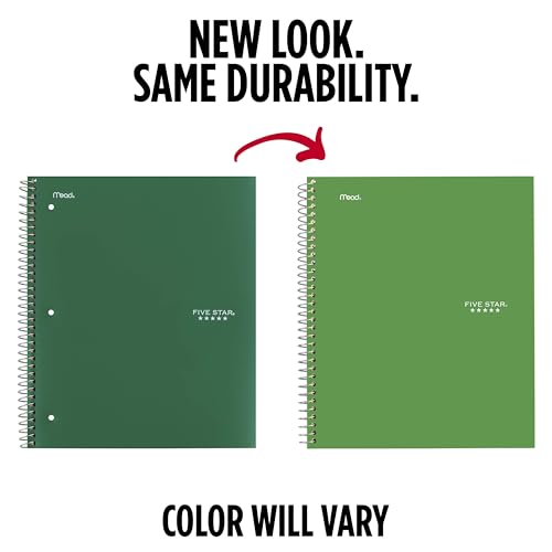 Image of Five Star Spiral Notebook + Study App, 3 Subject, College Ruled Paper, Fights Ink Bleed, Water Resistant Cover, 8-1 /2 inch x 11 inch, 150 Sheets, Green (72067)