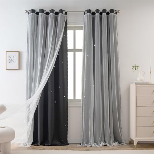 Image of Yancorp Black Curtains for Bedroom Living Room Thermal Insulated Kids Curtain Hollow-Out Star Window Nursery Curtain 96 inches Length Room Darkening Grommet(Black,52 * 96),1 Panel