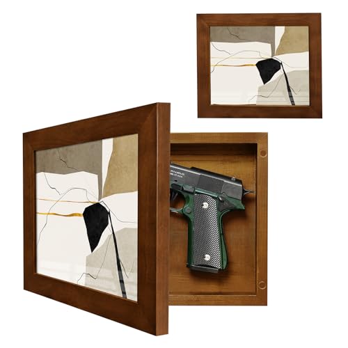 Dononr Hidden Gun Storage, Hidden Gun Safe for Pistols with Magnetic, Wooden Picture Frames for Handgun, Hidden Storage Gun Safe Home Furniture, Concealment Furniture Picture Frame Box, Walnut