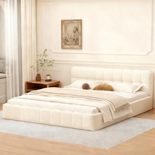 DULRLLY Polsterbett Bubble Bett 160 x 200 cm,Doppelbett mit Lattenrost, Jugendbett mit Gepolstertes Kopfteil, Gepolstertes Bett für Schlafzimmer und Gästezimmer,ohne Matratze, Leinenstoff (Beige)