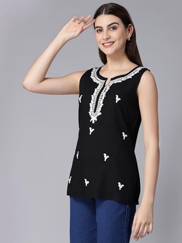 Image of QAZMI Women's Laiba Kashmiri Embriodered Sleeveless Short Kurti