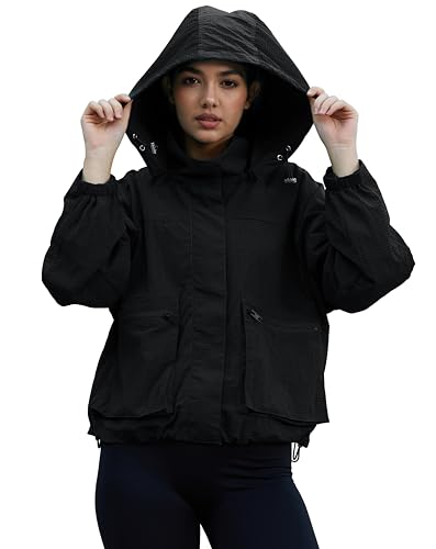 PESION Black Cropped Rain Jacket Women Lightweight Waterproof Raincoat with Hood Cycling Biker Jackets with Pockets Black Large