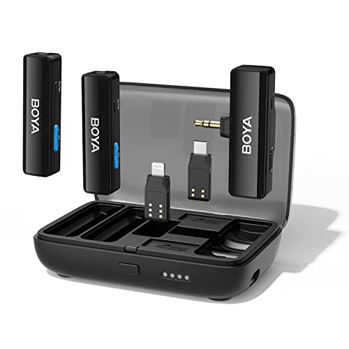 BOYA BOYALINK Microfone de lapela para vlogging sem fio, sistema microfone de lapela de canal duplo de 2,4 GHz para smartphones, câmera DSLR, filmadora, tablets, vídeos do YouTube, transmissão ao vivo