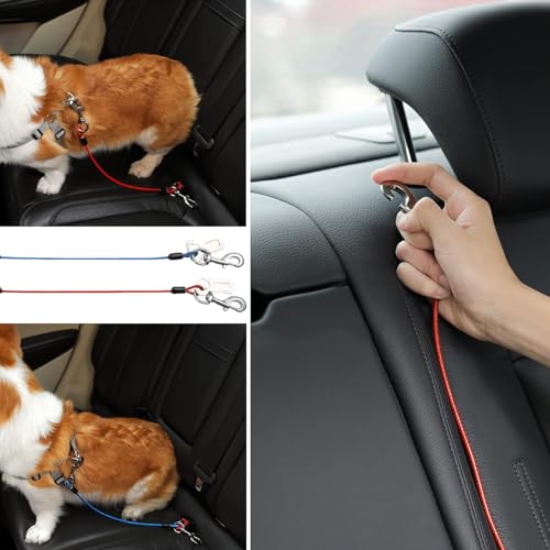 ChAusa 2 Stück Anschnallgurt Hund Auto 80cm Hunde Sicherheitsgurt Hundegurt Auto Hunde Anschnallgurt Auto Bissfeste Hundeleine aus Stahldraht PVC für alle Hunderassen Katzen& Autotypen(Blau+Rot)