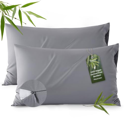 Bedsure Zipper Pillow Cases King Cooling King Pillow Cases Set of 2 Rayon Derived from Bamboo Cooling Pillowcase for Hot Sleepers Soft & PureWoven Pillow Covers Gifts Dark Grey 20x36 Inches