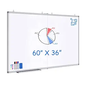 Large Magnetic Whiteboard, maxtek 60 x 36 Magnetic Dry Erase Board Foldable with Marker Tray 1 Eraser 3 Markers and 6 Magnets| Wall-Mounted Aluminum Memo White Board for Office Home and School