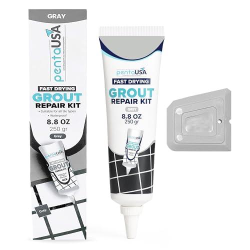 PentaUSA Fugenmörtel - Fugenreparatur Set, Reparieren und Erneuern, Schnell Trocknendes Reparaturset für Fliesenfugen - Restaurieren Von Kachelfugen, Natürlich - mit Spachtel (Graue)