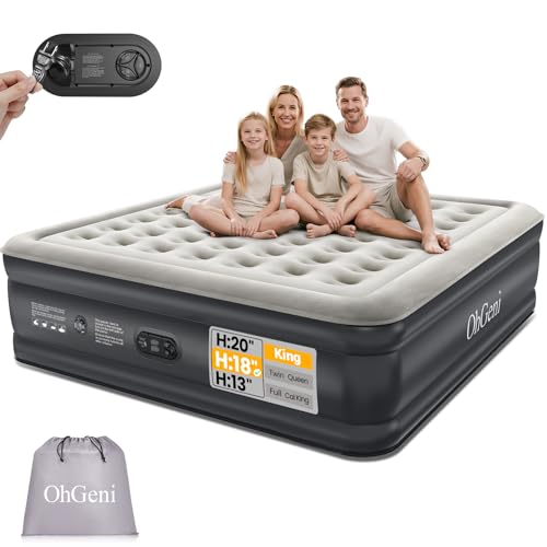 OhGeni King Size Air Mattress with Built in Pump, Family Choice Award Winner, 18'' Comfortable Blow Up Colchones Inflables Mattress for Home, Guests, Portable Air Bed, 700 lbs, Gift for Mom