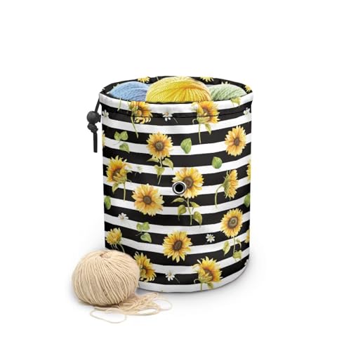 Image of Sellikakes Sunflower Stripe Yarn Bag Crochet Storage Organizer, Knitting Storage Bag Crocheting Bag Yarn Holder for Crochet Projects Skein Balls Knitting Short Needles Sewing Accessories