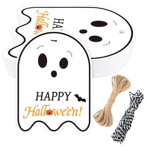 G2PLUS Happy Halloween Tags - 50 Pcs Ghost Paper Gift Tags with String for Trick or Treat Bags Spooky Halloween Party Favors Tag for Candy Bags DIY Crafts Gift Wrapping(2.5x3.5 in)