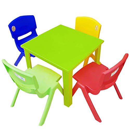 A406 Strong Kids Children Table and Chairs Set for Study, Activity Garden Indoor (Green Table + 4 Chairs Mix)