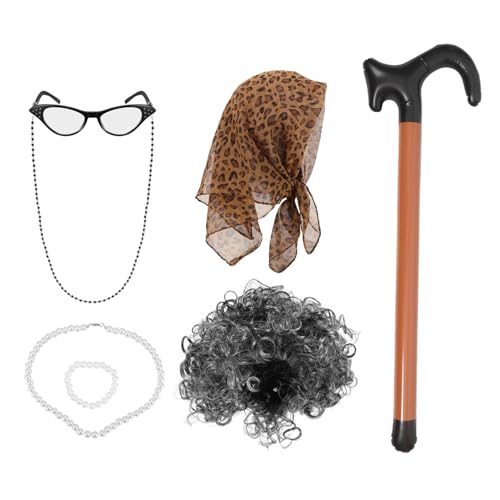 Postiche de grand-mère grise avec collier de perles et lunettes de fête