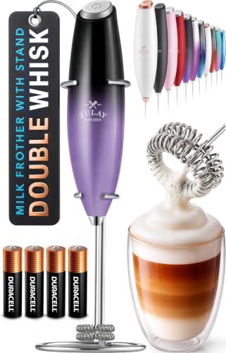 Image of Zulay Kitchen Powerful Milk Frother Wand With Duracell Batteries - Ultra Fast Handheld Drink Mixer - Electric Whisk Foam Maker for Coffee, Lattes, Cappuccino & Matcha - Double Whisk - Black Purple