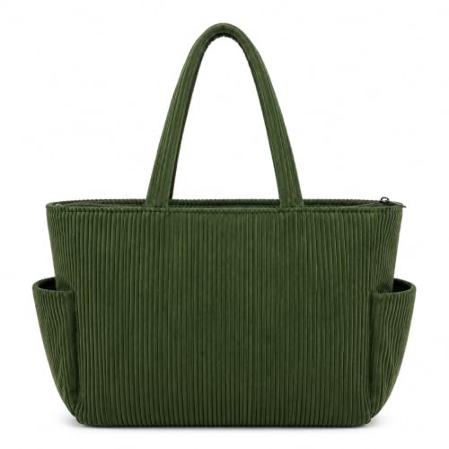 Image of Kawn Korean Tote Bag Aesthetic Corduroy Canvas Handbag for Women Zipper Casual Large Capacity Shoulder Bag with Pockets Versatile Everyday use for College Work Travel & Shopping