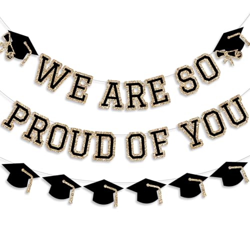 Image of We Are So Proud Of You Banner Graduation Party Decorations Congrats Grad Cap Garlands Wall Sign Gold Black