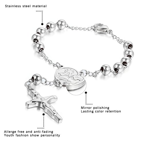 Oidea Mens Womens Stainless Steel Tassle Jesus Crucifix Cross Rosary Bracelet,Beads Bracelet For Christmas8.6 Inch #TOP1