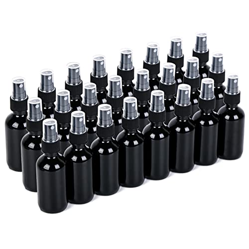 2oz Glass Spray Bottle, Fine Mist Boston Glass Bottles with Black Fine Mist Sprayer Small Clear Bottles for Essential Oils, Bath, Beauty, Hair & Cleaning, UV Black, Pack of 24