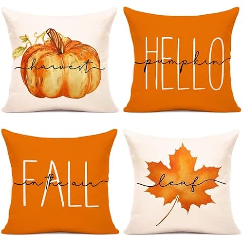 Fall Pillow Covers 18x18 Set of 4 for Fall Decor Pumpkin Maple Leaf Farmhouse Fall Pillows Decorative Pillow Covers for Fall Home Decor Outdoor Pillows Linen Fabric PillowCase for Couch Bed(Orange) Cover