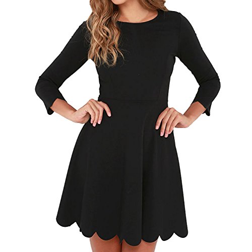 SUNNOW Women's O-Neck 3/4 Sleeve Pleated Tunic Wavy Skater Dress (S, Black)