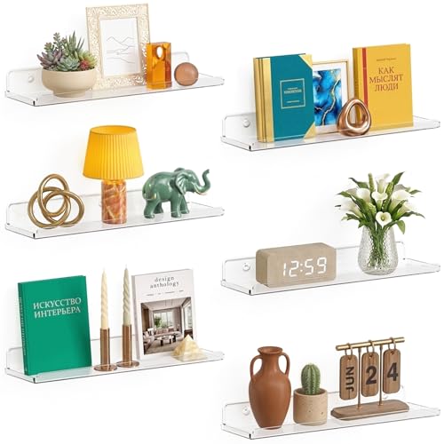 Lifewit Floating Shelves 6 Pack, 15' Acrylic Room Decor Shelves for Book/Figures/Photo/Makeup, Clear Wall Shelf for Bathroom, Living Room, Bedroom, Kitchen Storage and Organization 38 x 9 cm/15x4