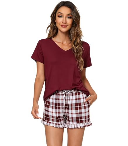Image of WiWi Womens Pajamas Set Bamboo Viscose Super Soft Short Sleeve Top Ruffle Shorts Sleepwear Cooling Pj Sets S-XXL