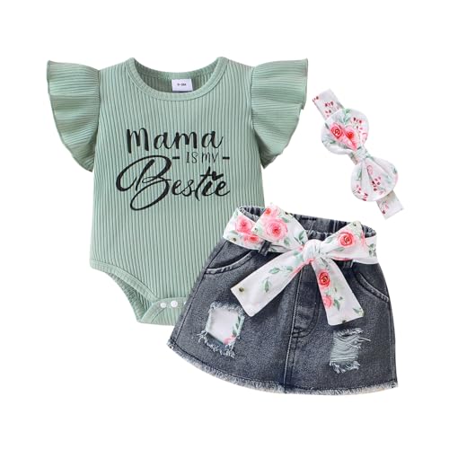 Image of CETEPY Baby Girl Clothes Newborn Romper Ruffle Sleeve Short Jeans Skirt with Headband Infant Outfits Set 0-18 Months