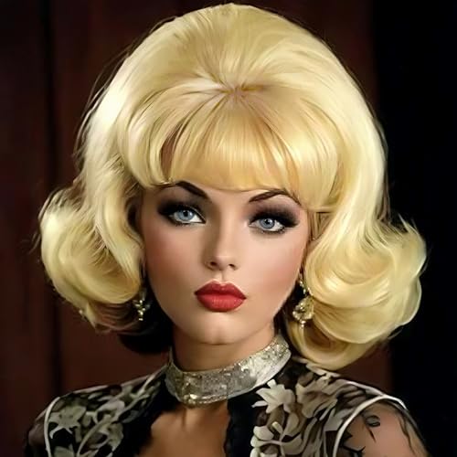 Siudus Blonde Vintage Curly Cosplay Wigs for Women Bouffant Beehive 50s 60s Retro Costume Hair Wig with Bangs for Halloween Party Use